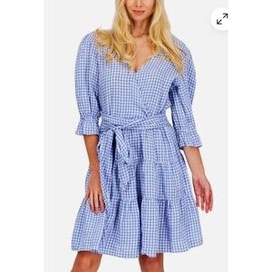 Lauren Ralph Linen Tiered Midi Dress 4 Gingham Blue Belted Faux Wrap Cottage